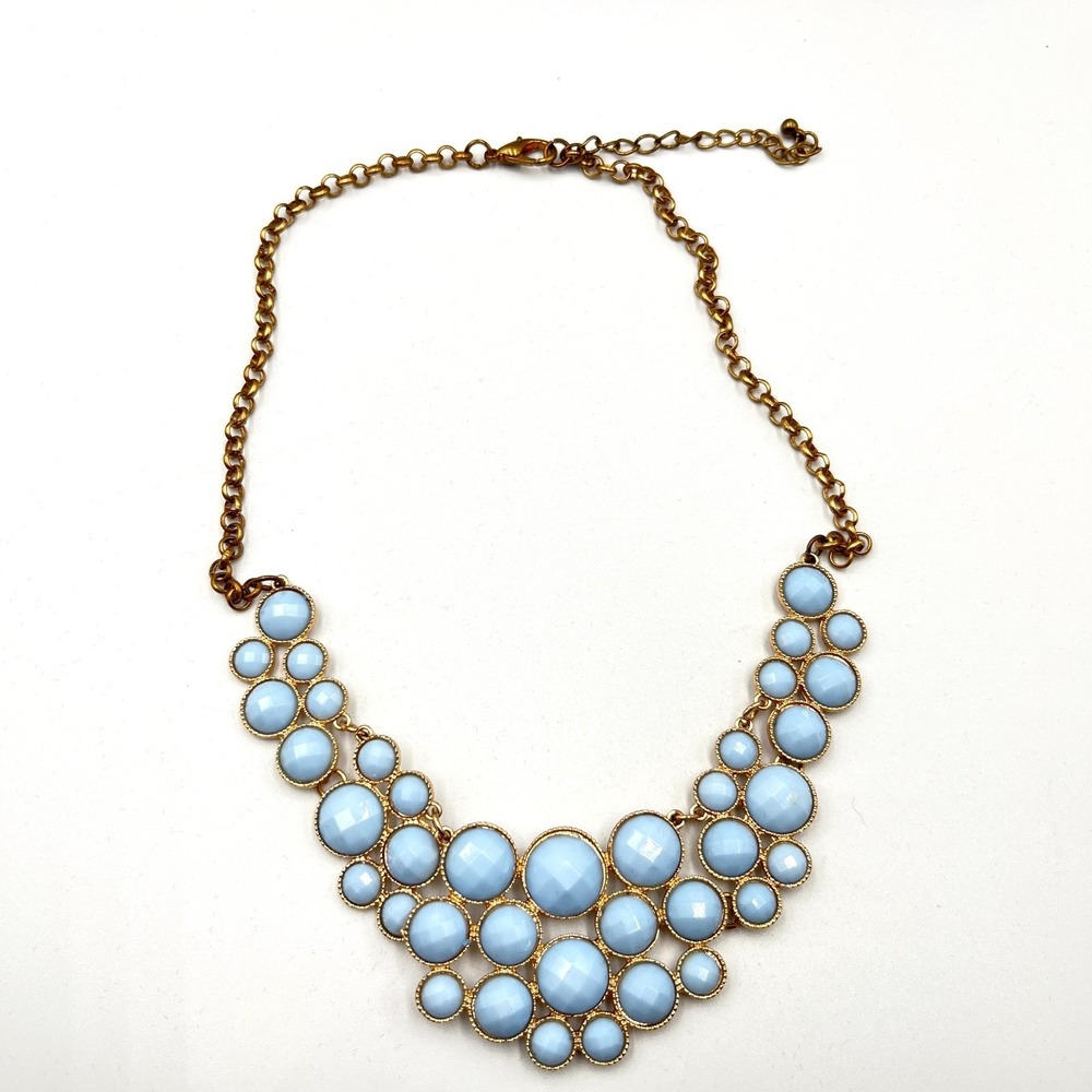 Vintage Retro Sky Blue Cabochon Bib Statement Necklace Gold Tone Geo Bubbles - Picture 3 of 13